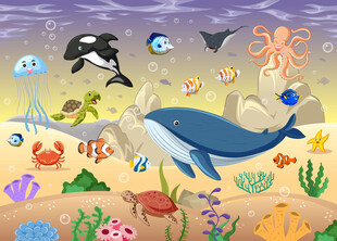卡通海洋鲸鱼海底动物珊瑚背景墙