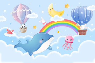 可爱鲸鱼卡通彩虹热气球动物背景