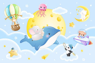 卡通鲸鱼可爱动物云朵星球背景墙