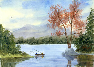 湖边风光水彩画