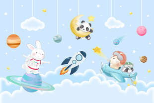 卡通火箭太空动物星球儿童背景墙
