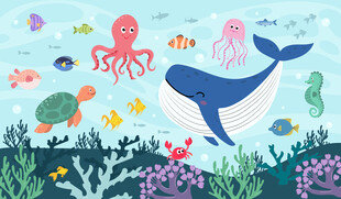 可爱鲸鱼卡通海洋动物珊瑚背景墙
