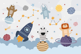 手绘动物宇航员卡通火箭太空背景