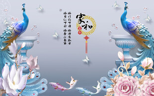 家和富贵玉兰花孔雀装饰画图片