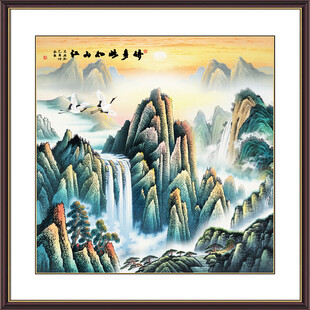 方形山水画旭日东升国画