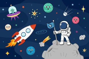 手绘宇宙星球卡通宇航员火箭背景