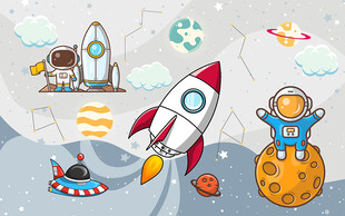 卡通宇航员宇宙太空儿童房背景墙