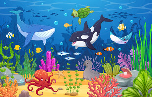 海洋鲸鱼卡通海底世界珊瑚背景墙