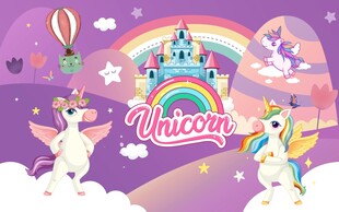 梦幻彩虹独角兽卡通城堡背景墙图