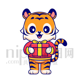 可爱卡通抱着礼物礼品的老虎