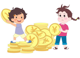 可爱儿童存金币存钱一堆金币插画