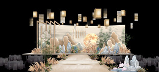 香槟色新中式婚礼舞台吊顶效果图