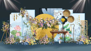 蓝色山水花鸟订婚宴背景设计荷花