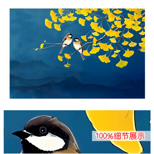 金色杏叶意境手绘花鸟背景墙