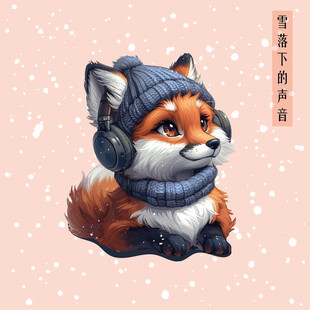 冬天下雪戴耳机的狐狸卡通插画