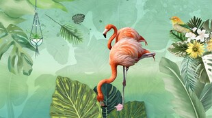 芭蕉叶火烈鸟背景墙