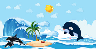 卡通海豚海上背景墙