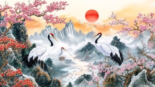 旭日仙鶴圖 旭日仙鹤图素材-旭日仙鹤图图片-旭日仙鹤图设计模板-昵图网
