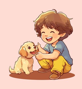 卡通手绘小男孩和小狗儿童插画