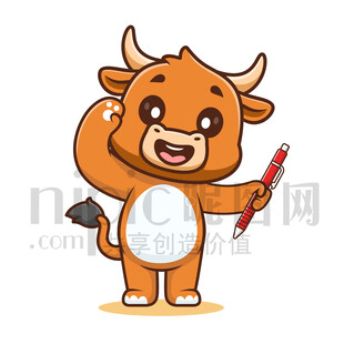 可爱卡通拿着笔敬礼的公牛