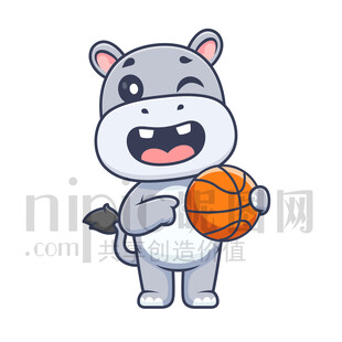 可爱卡通抱着篮球的河马