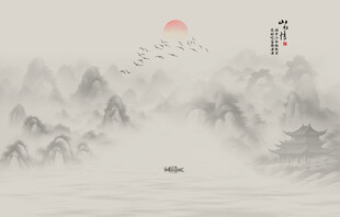 新中式水墨国画山水背景墙壁画