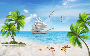 蓝天白云沙滩大海背景墙