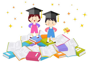 一堆打开的书籍孩子带着博士帽