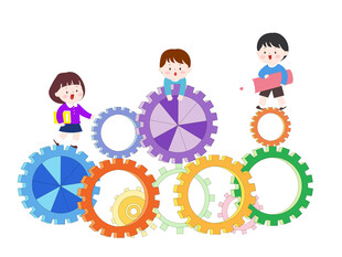 卡通儿童彩色齿轮团队合作