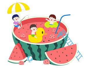 卡通夏季儿童吃西瓜西瓜泳池游泳