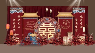 红金色屋檐婚礼背景新中式国潮风