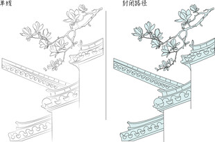 中式建筑花鸟装饰线稿图 矢量图