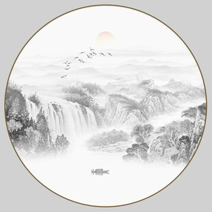 圆形山水水墨画
