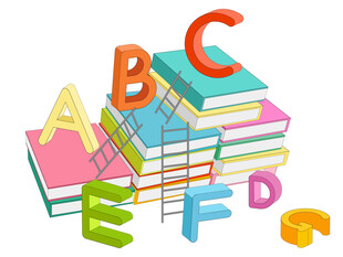 英语课立体彩色字母书籍矢量插图