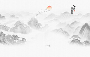 新中式禅意水墨山水画壁画