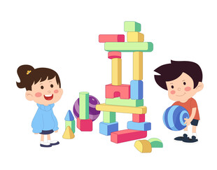 卡通小朋友益智游戏垒积木插画