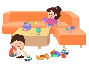 卡通孩子客厅玩积木小车毛线插画