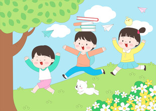 孩子户外读书玩耍儿童教育插画