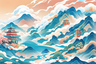 国潮山水插画