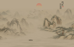 中国风水墨意境山水风景背景屏风