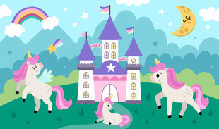 卡通城堡可爱彩虹独角兽儿童背景