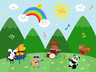 可爱小动物音乐会卡通儿童背景墙