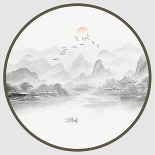 圆形山水水墨画