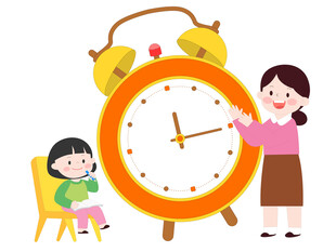 妈妈教孩子认识时间闹钟可爱插画