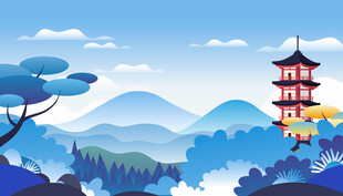 矢量国风山水寺庙松树插画