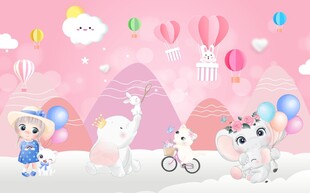 卡通彩虹粉色动物背景墙