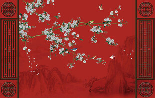 手绘工笔花鸟花电视背景墙