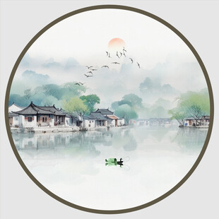 圆形水墨江南水乡装饰画