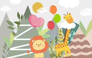 卡通长颈鹿气球儿童房背景墙