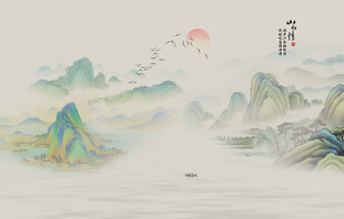 新中式国画山水画背景墙画壁纸